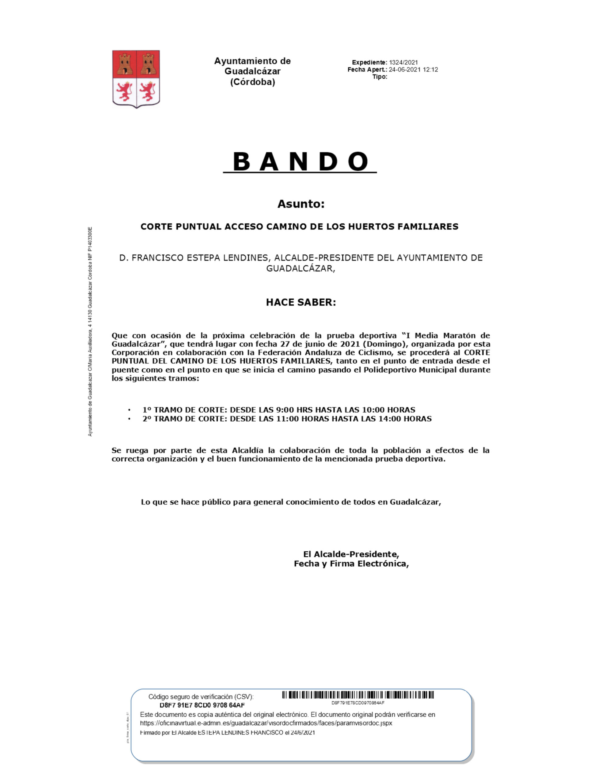 Corte puntual camino de los Huertos Familiares